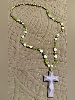 Green Beaded Cross Pendant Necklace